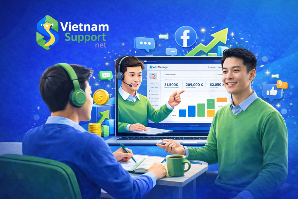 hình ảnh minh họa giảng viên đang đào tạo học viên trong khóa học Facebook Marketing 2026 1 kèm 1 tại vietnamsupport